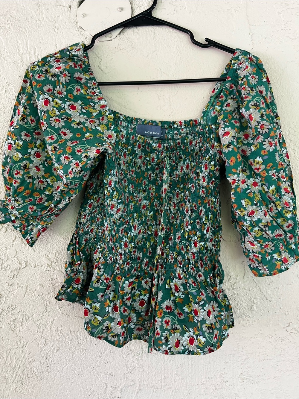Mango Green Floral Smocked Peasant Blouse